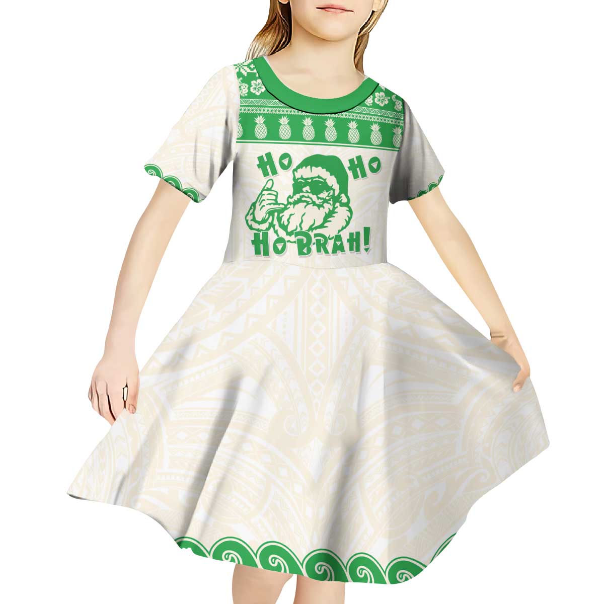 Green Mele Kalikimaka Hawaii Kid Short Sleeve Dress Funny Ho Ho Ho Santa Shaka - Polynesian Pride