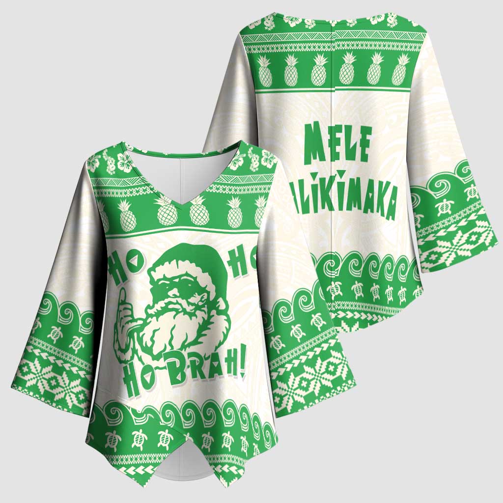 Green Mele Kalikimaka Hawaii Kimono Sleeve Blouse Funny Ho Ho Ho Santa Shaka - Polynesian Pride