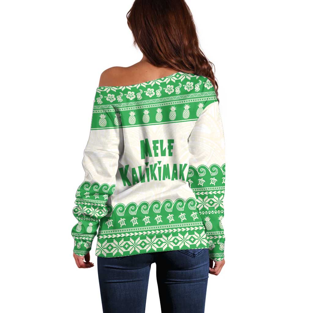 Green Mele Kalikimaka Hawaii Off Shoulder Sweater Funny Ho Ho Ho Santa Shaka - Polynesian Pride