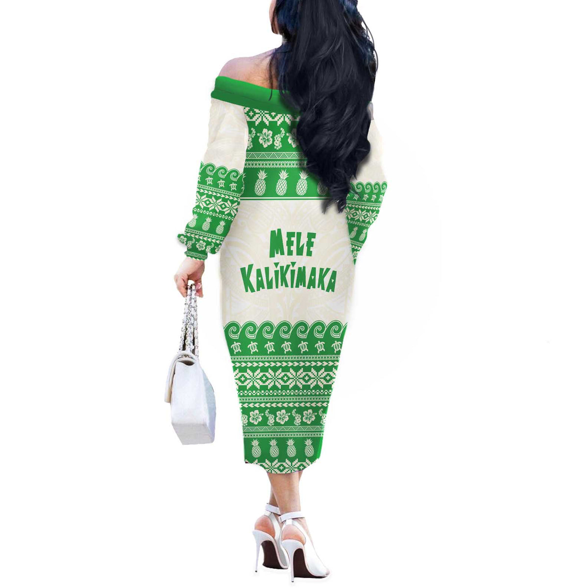 Green Mele Kalikimaka Hawaii Off The Shoulder Long Sleeve Dress Funny Ho Ho Ho Santa Shaka - Polynesian Pride
