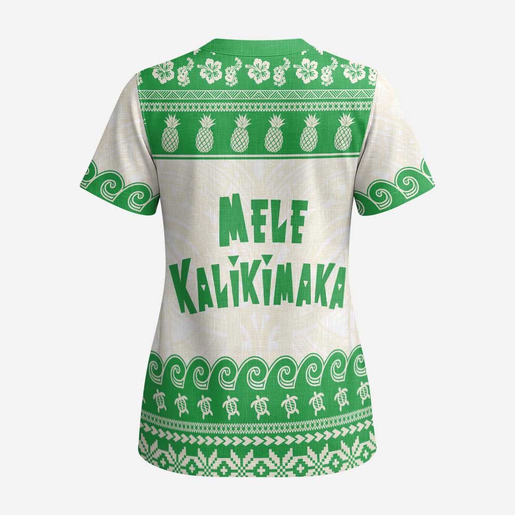 Green Mele Kalikimaka Hawaii Scrub Top Funny Ho Ho Ho Santa Shaka - Polynesian Pride