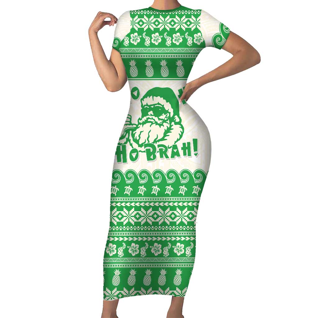 Green Mele Kalikimaka Hawaii Short Sleeve Bodycon Dress Funny Ho Ho Ho Santa Shaka LT14 Long Dress Green - Polynesian Pride