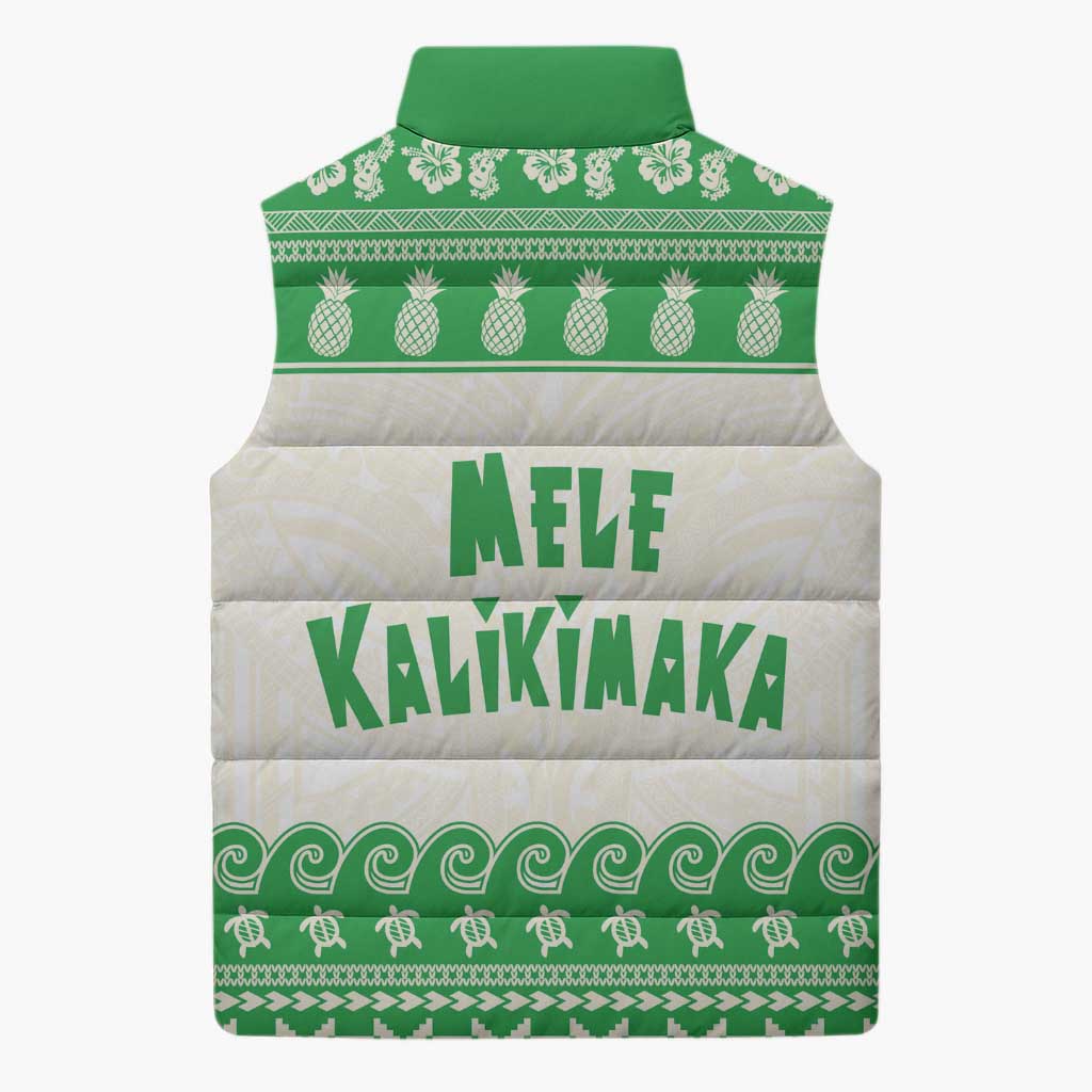 Green Mele Kalikimaka Hawaii Sleeveless Puffer Jacket Funny Ho Ho Ho Santa Shaka - Polynesian Pride