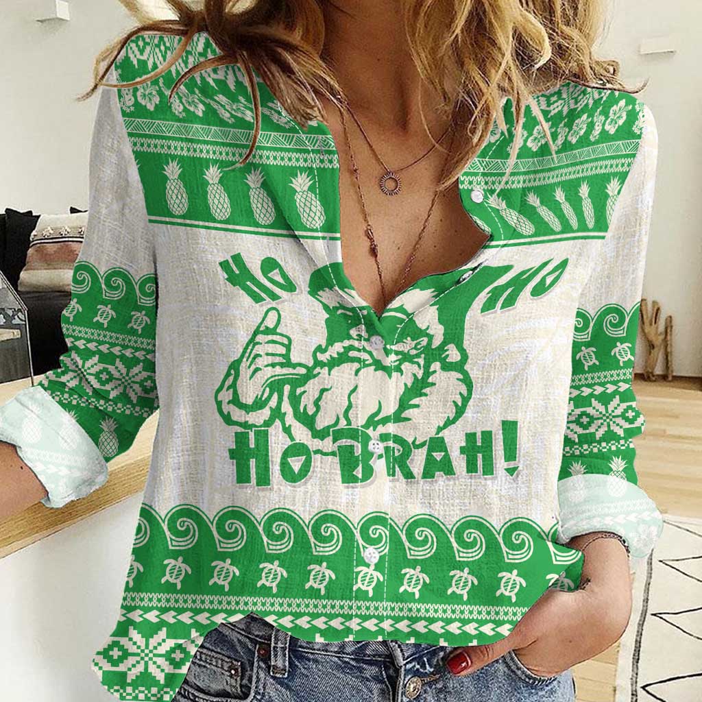 Green Mele Kalikimaka Hawaii Women Casual Shirt Funny Ho Ho Ho Santa Shaka - Polynesian Pride