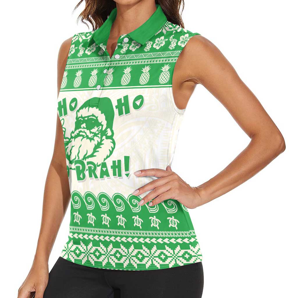 Green Mele Kalikimaka Hawaii Women Sleeveless Polo Shirt Funny Ho Ho Ho Santa Shaka - Polynesian Pride