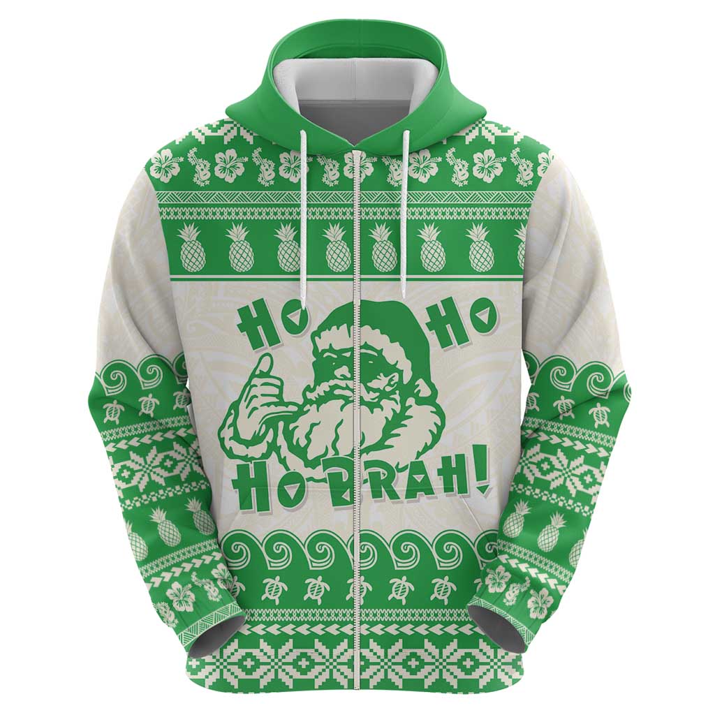 Green Mele Kalikimaka Hawaii Zip Hoodie Funny Ho Ho Ho Santa Shaka - Polynesian Pride
