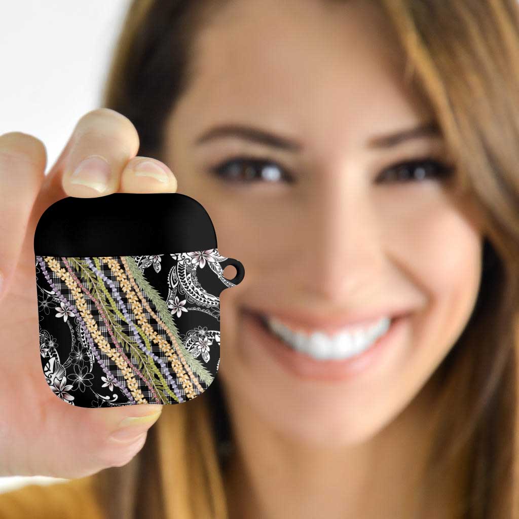 Black Palaka Hawaii Leis AirPods Case Hawaiian-plaid Elegant Tropical Vibes - Polynesian Pride