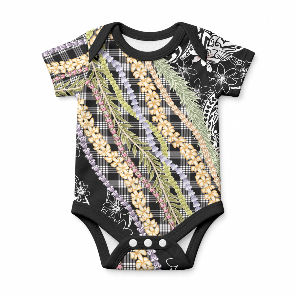 Black Palaka Hawaii Leis Baby Onesie Hawaiian-plaid Elegant Tropical Vibes