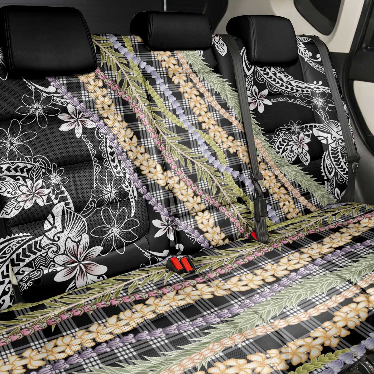 Black Palaka Hawaii Leis Back Car Seat Cover Hawaiian-plaid Elegant Tropical Vibes - Polynesian Pride