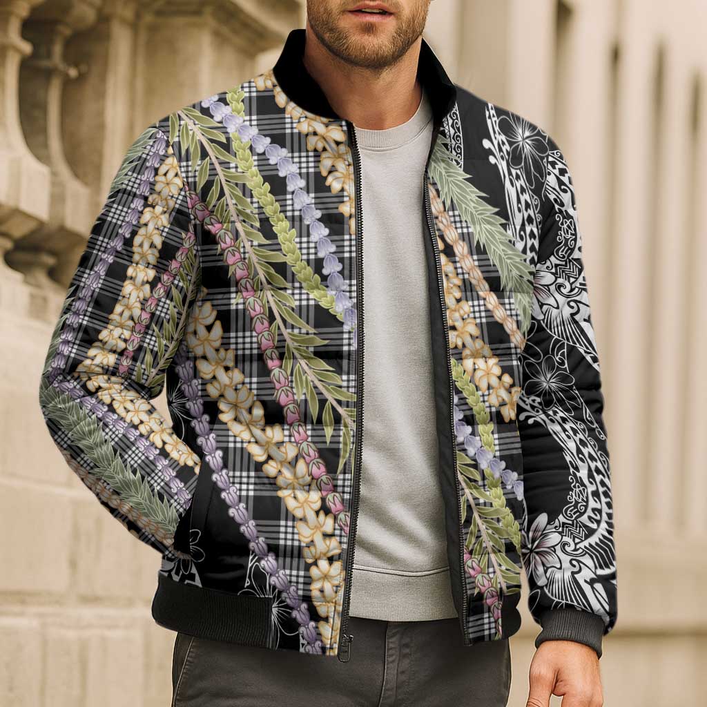 Black Palaka Hawaii Leis Bomber Puffer Jacket Hawaiian-plaid Elegant Tropical Vibes - Polynesian Pride