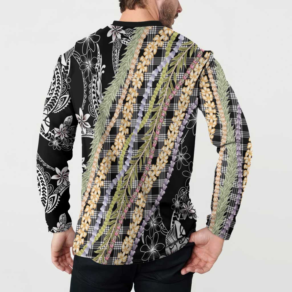 Black Palaka Hawaii Leis Button Sweatshirt Hawaiian-plaid Elegant Tropical Vibes - Polynesian Pride