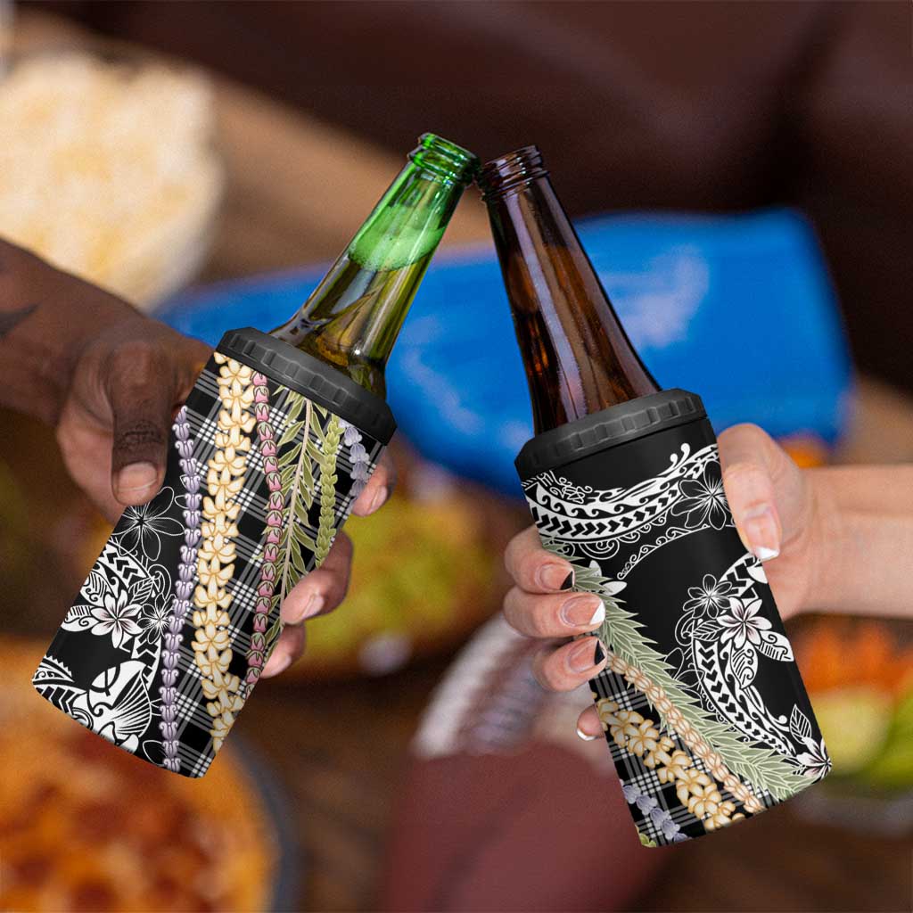 Black Palaka Hawaii Leis 4 in 1 Can Cooler Tumbler Hawaiian-plaid Elegant Tropical Vibes - Polynesian Pride