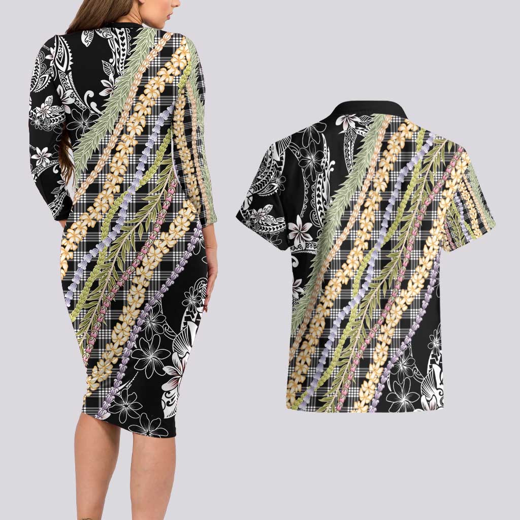 Black Palaka Hawaii Leis Couples Matching Long Sleeve Bodycon Dress and Hawaiian Shirt Hawaiian-plaid Elegant Tropical Vibes - Polynesian Pride