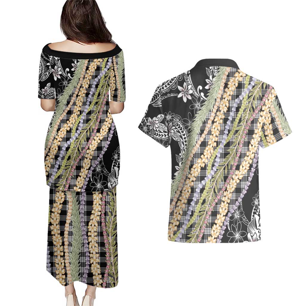 Black Palaka Hawaii Leis Couples Matching Puletasi and Hawaiian Shirt Hawaiian-plaid Elegant Tropical Vibes LT14 - Polynesian Pride