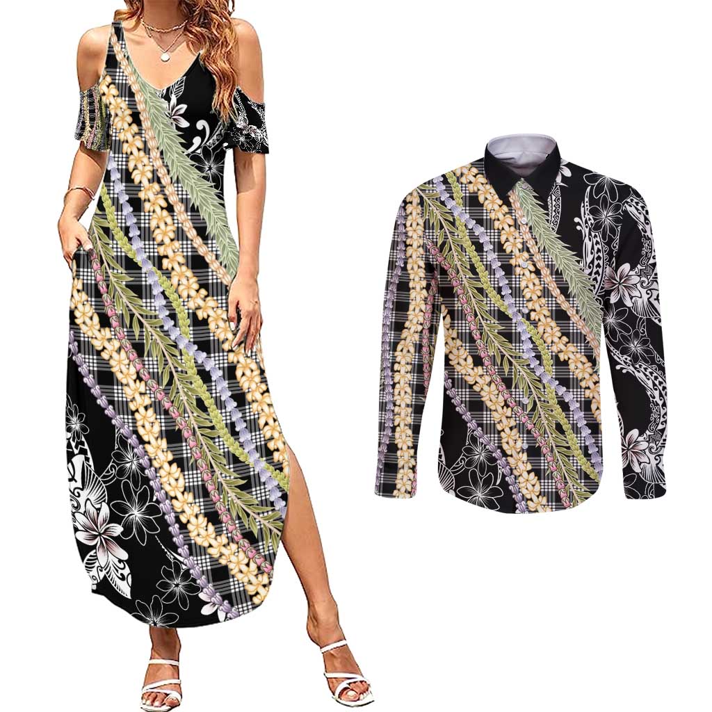 Black Palaka Hawaii Leis Couples Matching Summer Maxi Dress and Long Sleeve Button Shirt Hawaiian-plaid Elegant Tropical Vibes - Polynesian Pride
