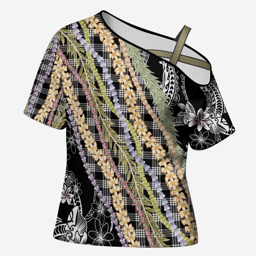 Black Palaka Hawaii Leis Cross Shoulder Shirt Hawaiian-plaid Elegant Tropical Vibes - Polynesian Pride