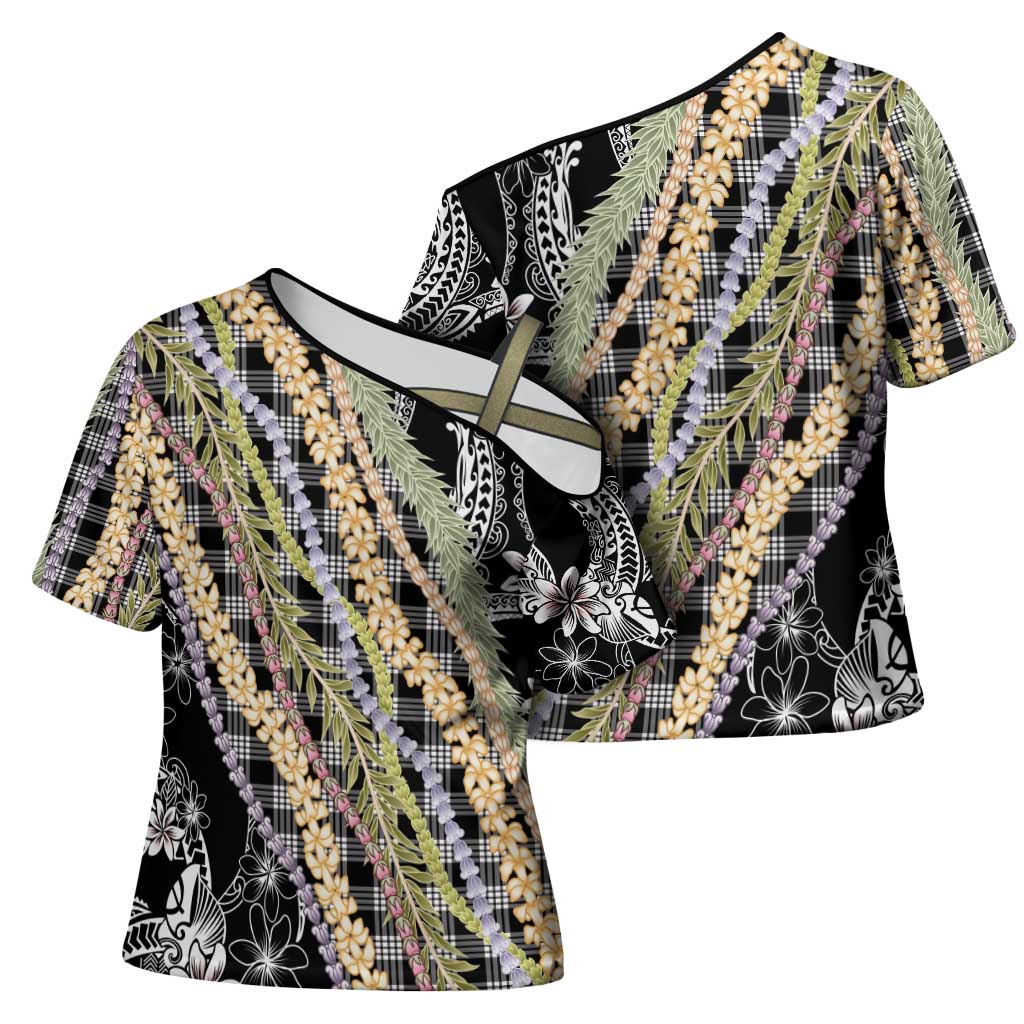 Black Palaka Hawaii Leis Cross Shoulder Shirt Hawaiian-plaid Elegant Tropical Vibes - Polynesian Pride