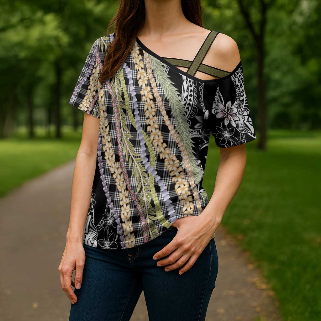 Black Palaka Hawaii Leis Cross Shoulder Shirt Hawaiian-plaid Elegant Tropical Vibes - Polynesian Pride