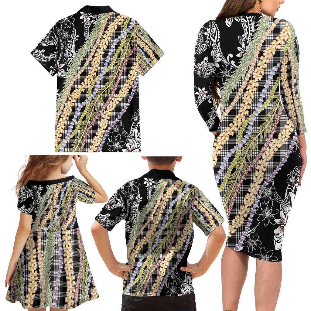 Black Palaka Hawaii Leis Family Matching Long Sleeve Bodycon Dress and Hawaiian Shirt Hawaiian-plaid Elegant Tropical Vibes - Polynesian Pride