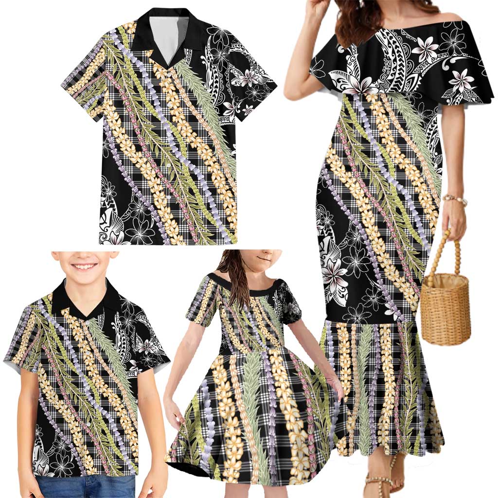 Black Palaka Hawaii Leis Family Matching Mermaid Dress and Hawaiian Shirt Hawaiian-plaid Elegant Tropical Vibes - Polynesian Pride