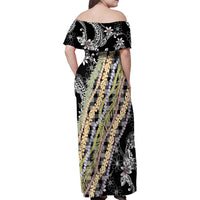Black Palaka Hawaii Leis Family Matching Off Shoulder Maxi Dress and Hawaiian Shirt Hawaiian-plaid Elegant Tropical Vibes - Polynesian Pride
