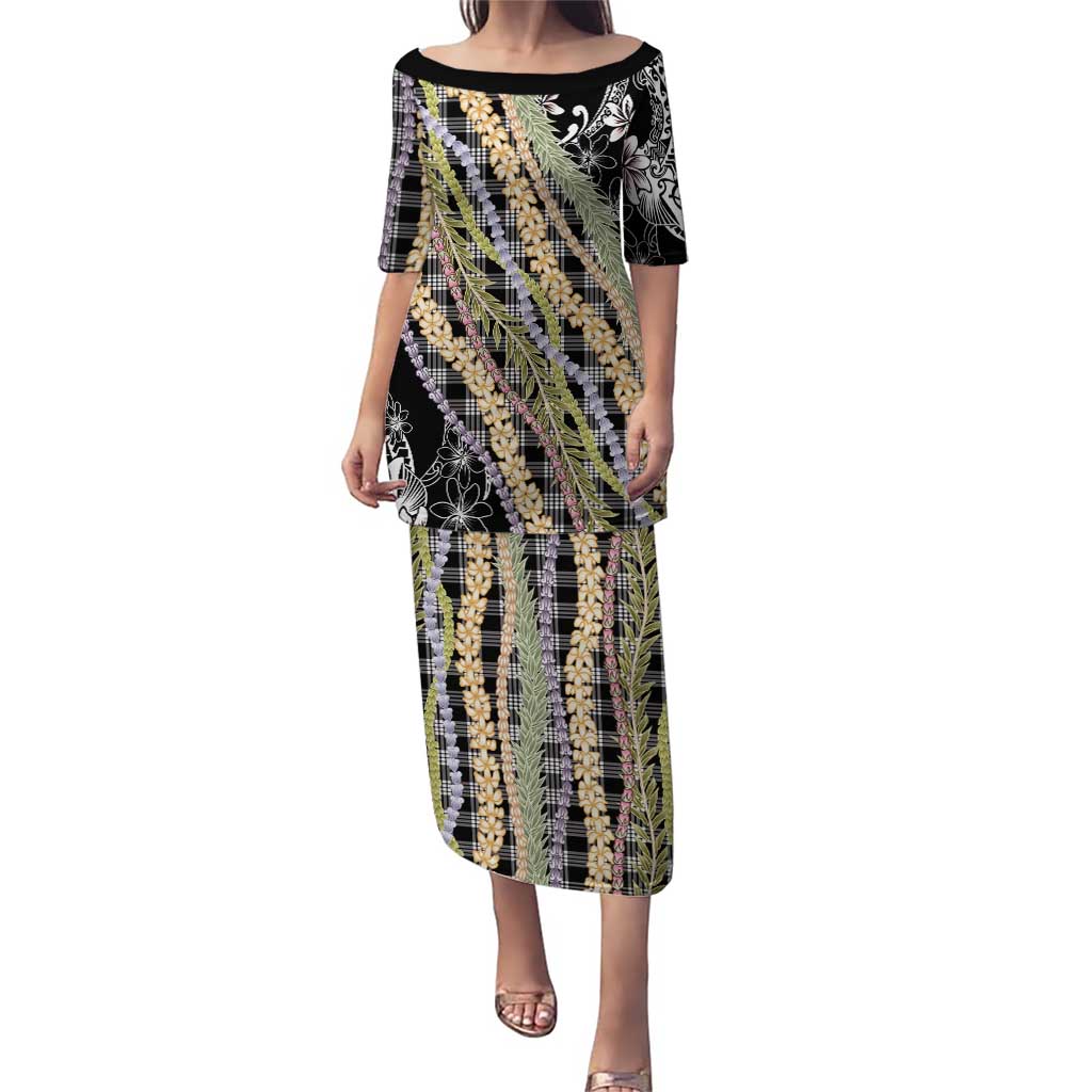 Black Palaka Hawaii Leis Family Matching Puletasi and Hawaiian Shirt Hawaiian-plaid Elegant Tropical Vibes - Polynesian Pride