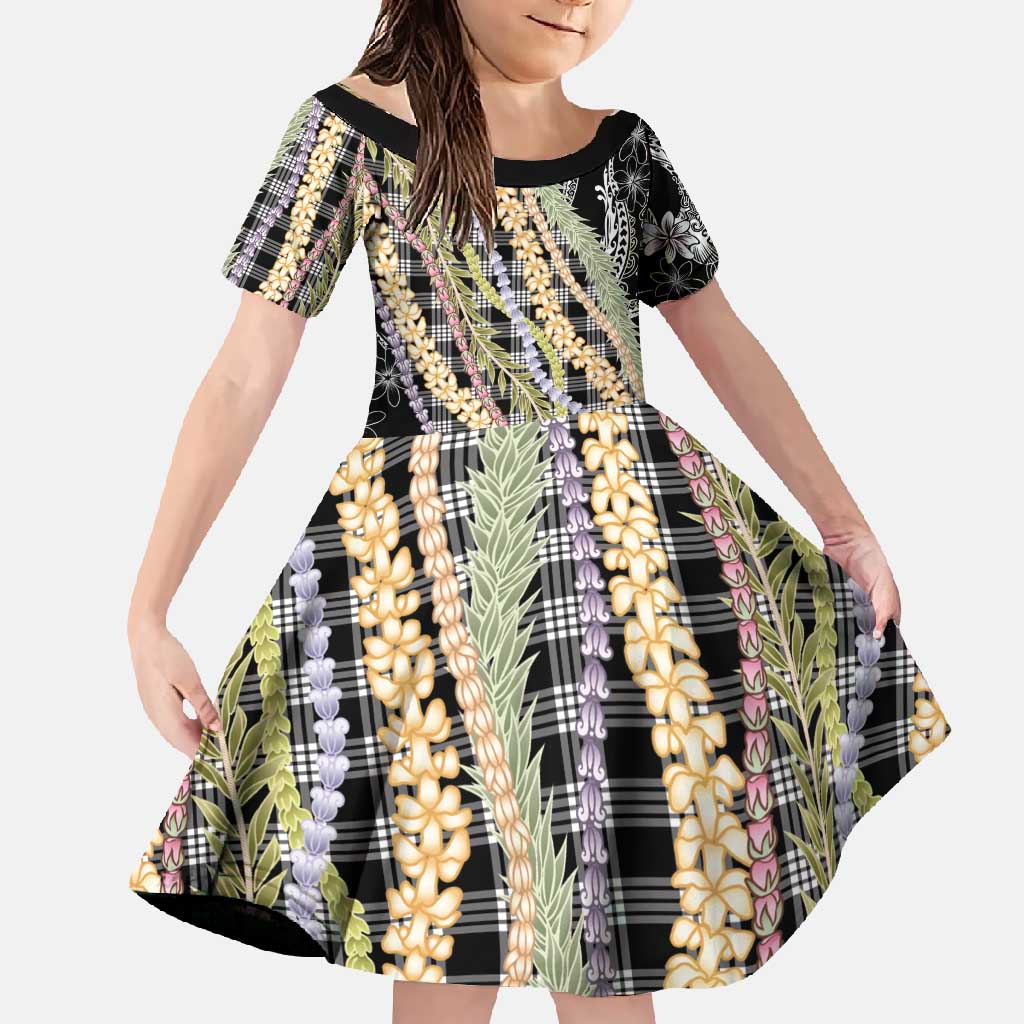 Black Palaka Hawaii Leis Family Matching Short Sleeve Bodycon Dress and Hawaiian Shirt Hawaiian-plaid Elegant Tropical Vibes - Polynesian Pride