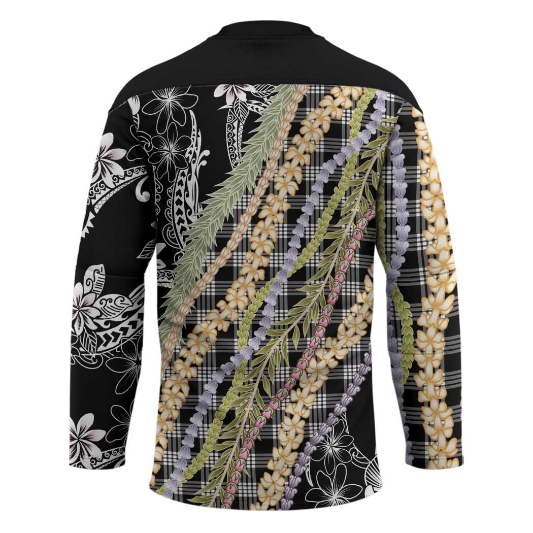 Black Palaka Hawaii Leis Hockey Jersey Hawaiian-plaid Elegant Tropical Vibes - Polynesian Pride
