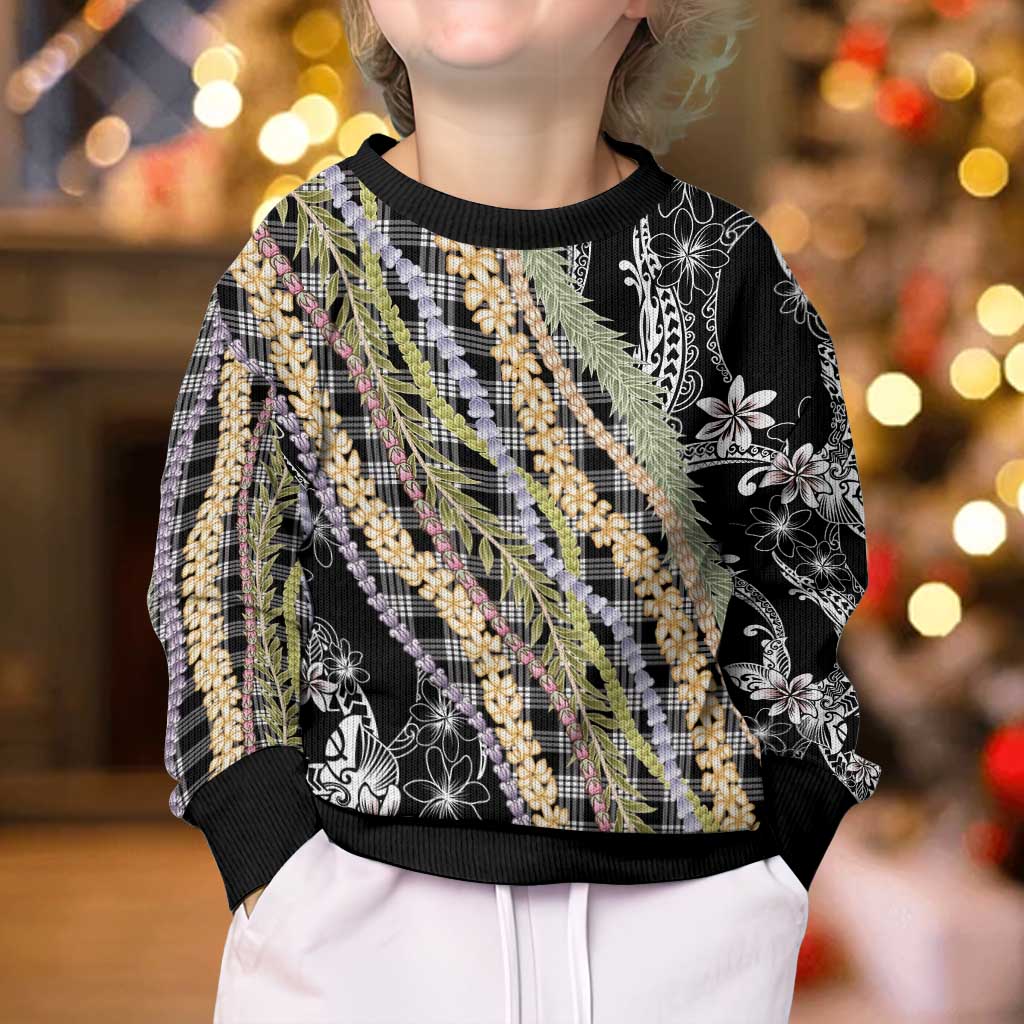 Black Palaka Hawaii Leis Kid Ugly Christmas Sweater Hawaiian-plaid Elegant Tropical Vibes - Polynesian Pride