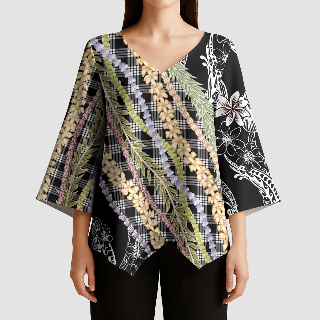 Black Palaka Hawaii Leis Kimono Sleeve Blouse Hawaiian-plaid Elegant Tropical Vibes - Polynesian Pride
