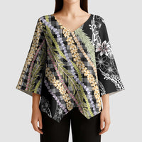 Black Palaka Hawaii Leis Kimono Sleeve Blouse Hawaiian-plaid Elegant Tropical Vibes - Polynesian Pride