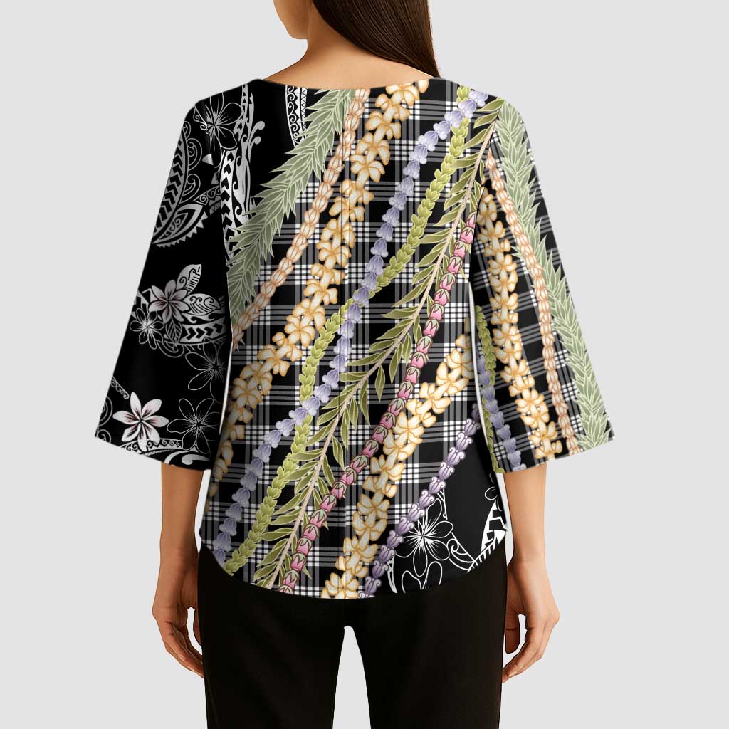 Black Palaka Hawaii Leis Kimono Sleeve Blouse Hawaiian-plaid Elegant Tropical Vibes - Polynesian Pride