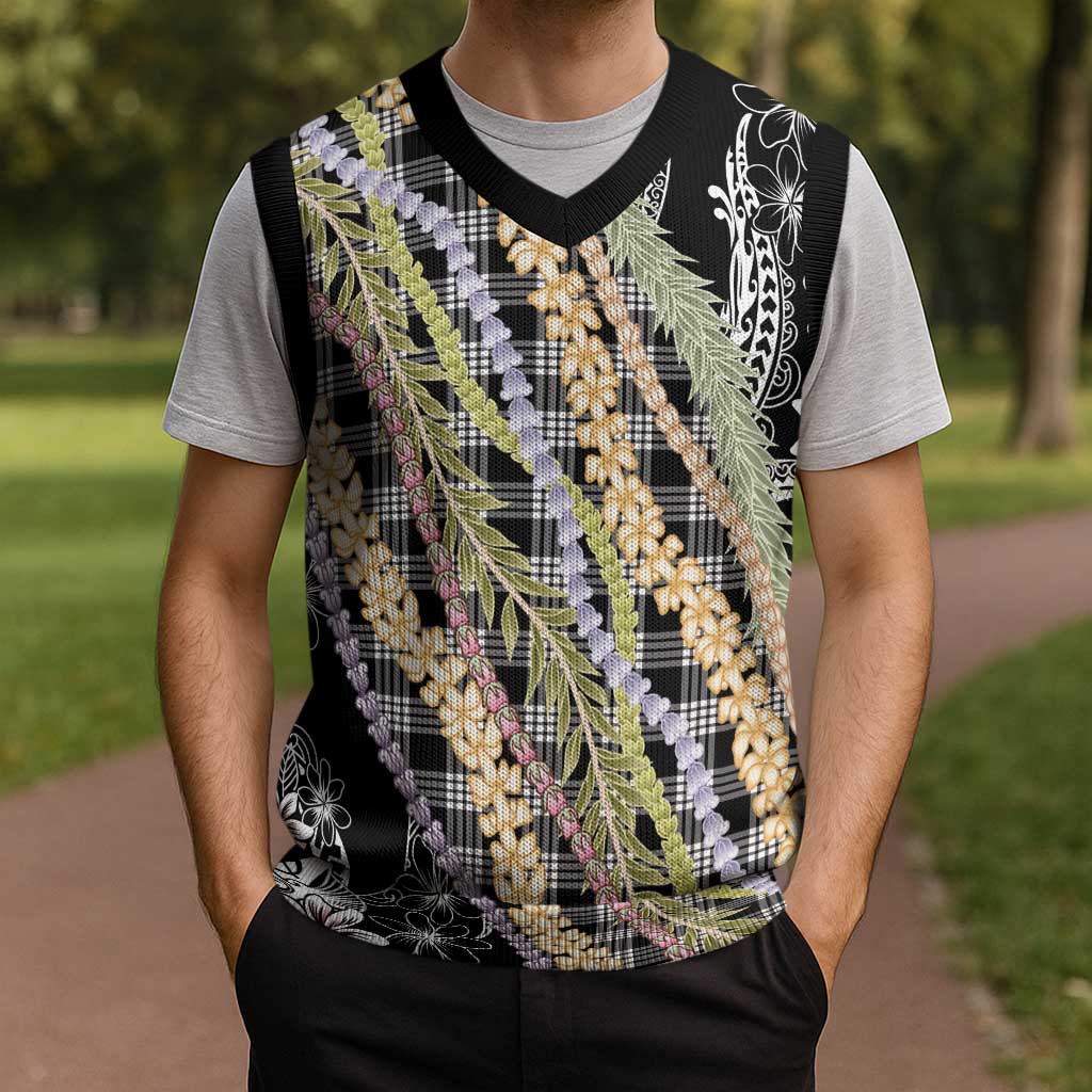 Black Palaka Hawaii Leis Christmas Knitted V-Neck Vest Hawaiian-plaid Elegant Tropical Vibes - Polynesian Pride