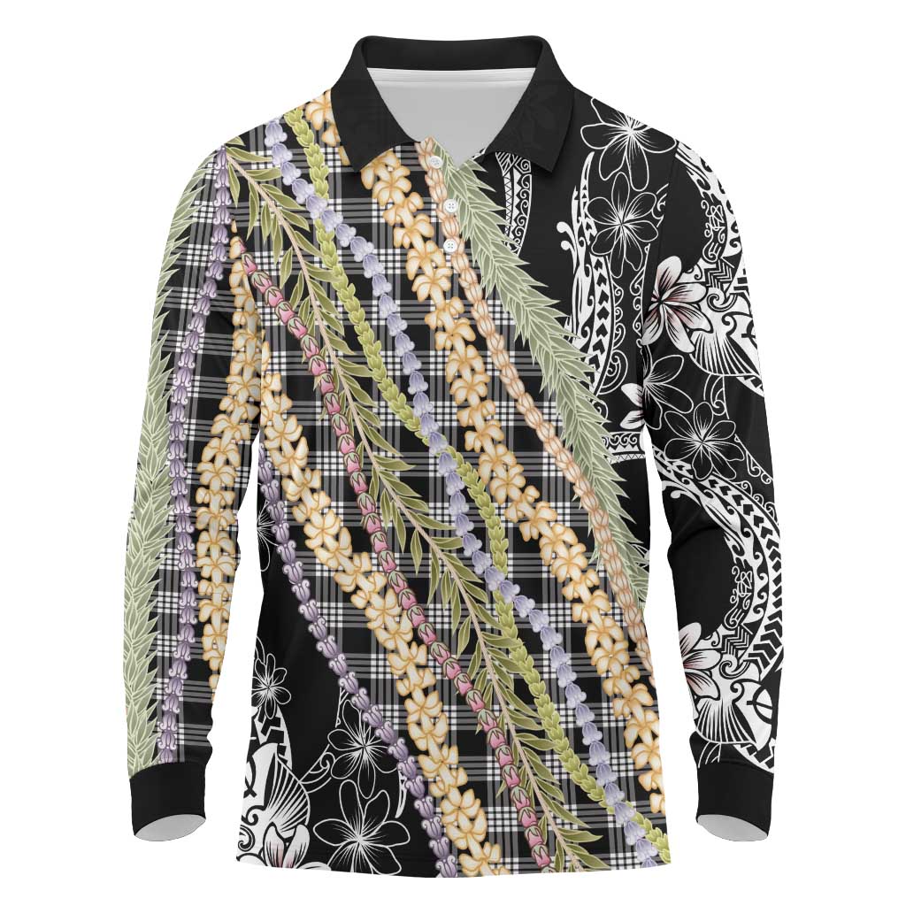 Black Palaka Hawaii Leis Long Sleeve Polo Shirt Hawaiian-plaid Elegant Tropical Vibes - Polynesian Pride