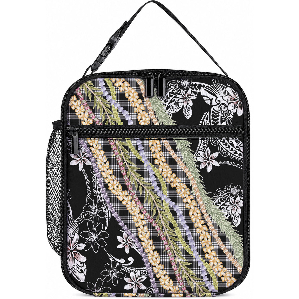 Black Palaka Hawaii Leis Lunch Bag Hawaiian-plaid Elegant Tropical Vibes