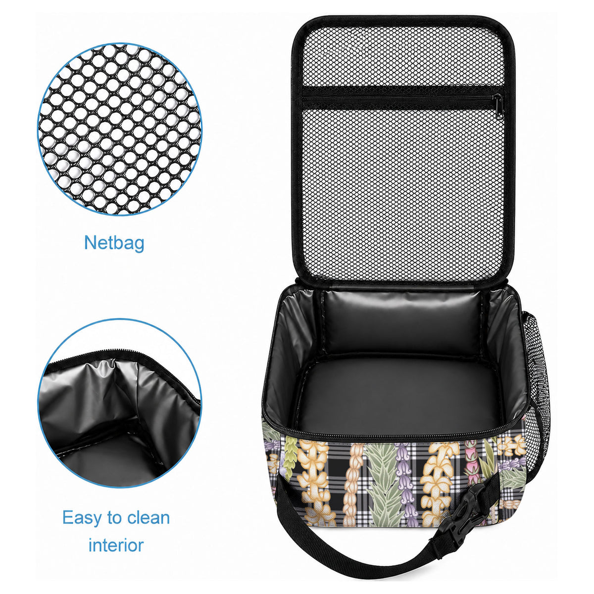 Black Palaka Hawaii Leis Lunch Bag Hawaiian-plaid Elegant Tropical Vibes