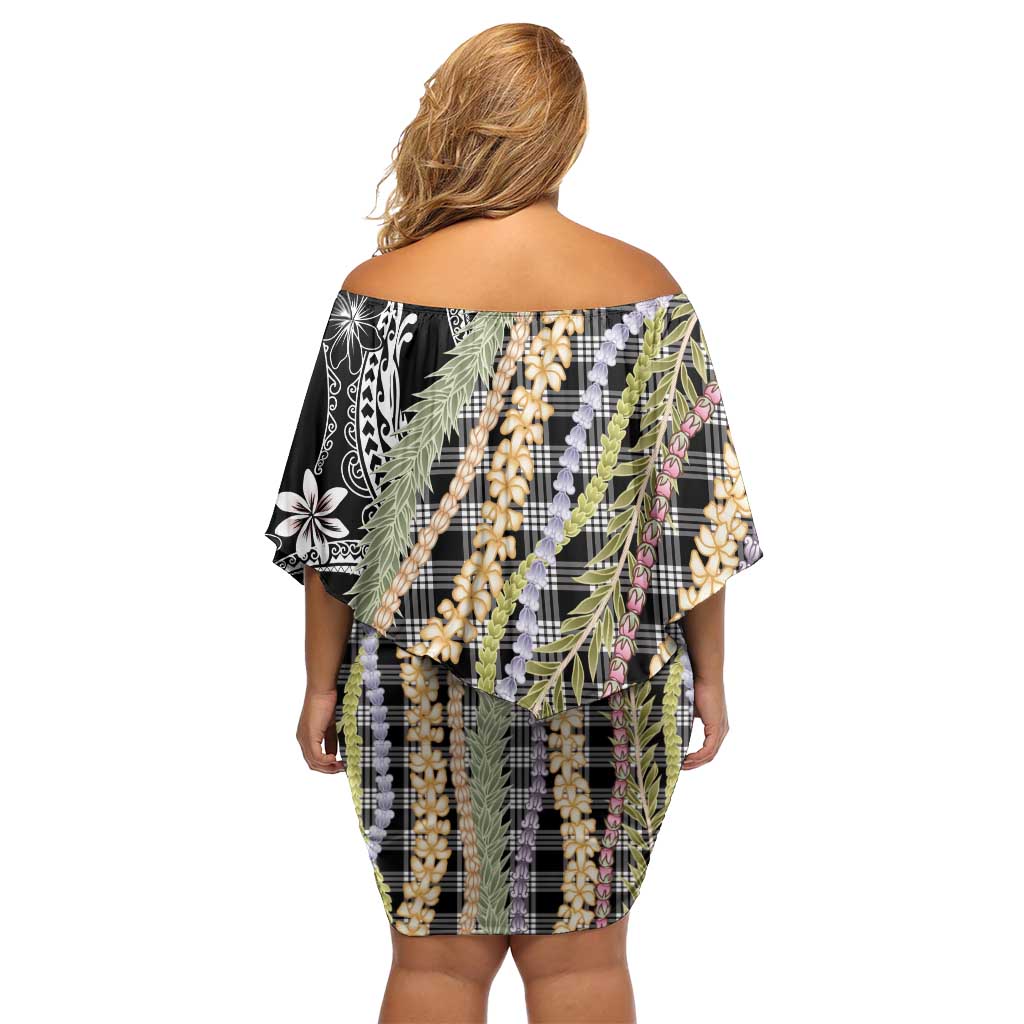 Black Palaka Hawaii Leis Off Shoulder Short Dress Hawaiian-plaid Elegant Tropical Vibes - Polynesian Pride