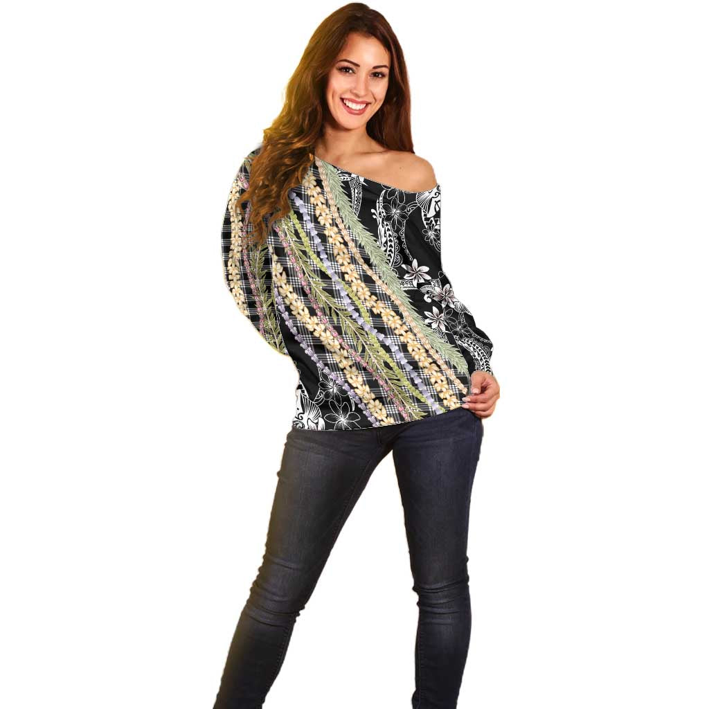 Black Palaka Hawaii Leis Off Shoulder Sweater Hawaiian-plaid Elegant Tropical Vibes - Polynesian Pride
