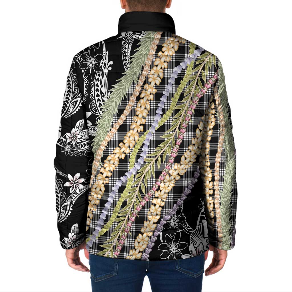 Black Palaka Hawaii Leis Padded Jacket Hawaiian-plaid Elegant Tropical Vibes - Polynesian Pride