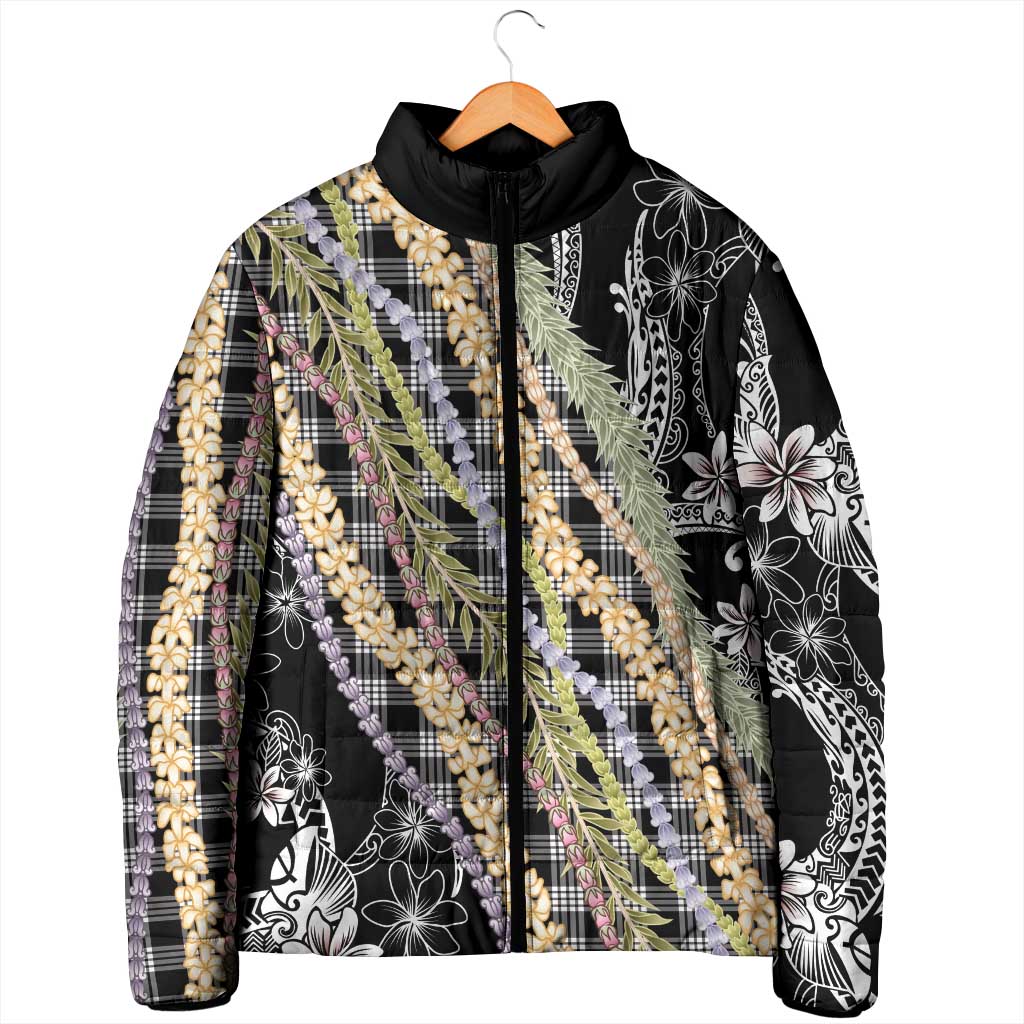 Black Palaka Hawaii Leis Padded Jacket Hawaiian-plaid Elegant Tropical Vibes - Polynesian Pride