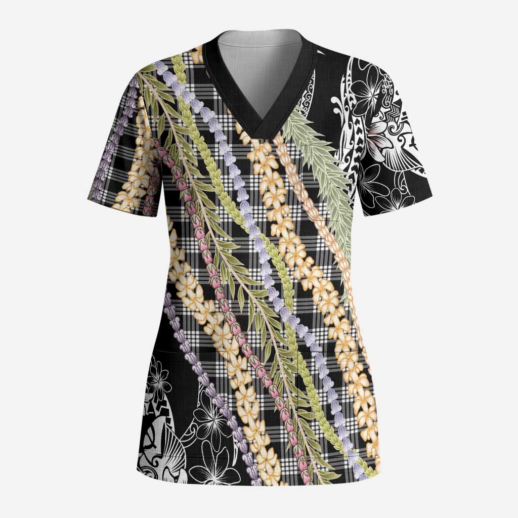 Black Palaka Hawaii Leis Scrub Top Hawaiian-plaid Elegant Tropical Vibes - Polynesian Pride