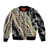 Black Palaka Hawaii Leis Sleeve Zip Bomber Jacket Hawaiian-plaid Elegant Tropical Vibes - Polynesian Pride