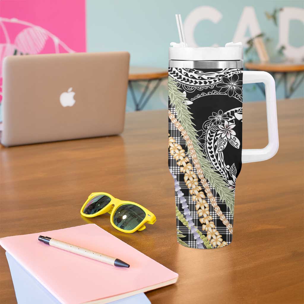 Black Palaka Hawaii Leis Tumbler With Handle Hawaiian-plaid Elegant Tropical Vibes - Polynesian Pride