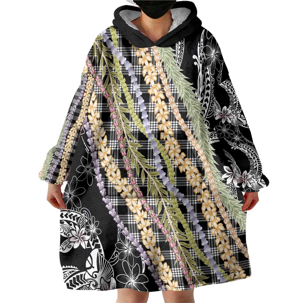 Black Palaka Hawaii Leis Wearable Blanket Hoodie Hawaiian-plaid Elegant Tropical Vibes - Polynesian Pride