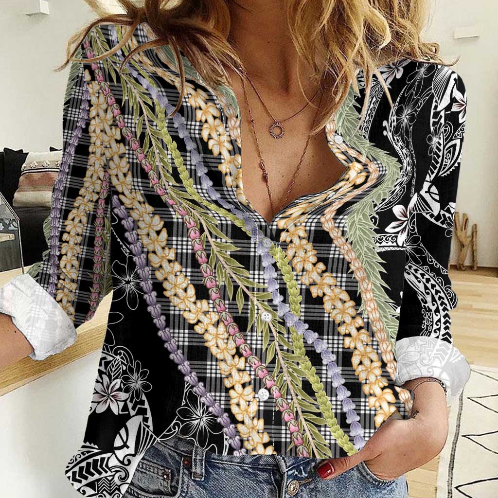 Black Palaka Hawaii Leis Women Casual Shirt Hawaiian-plaid Elegant Tropical Vibes - Polynesian Pride
