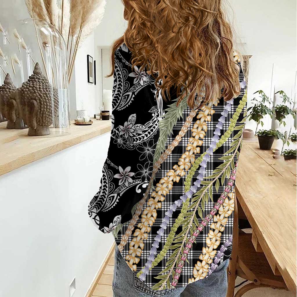 Black Palaka Hawaii Leis Women Casual Shirt Hawaiian-plaid Elegant Tropical Vibes - Polynesian Pride