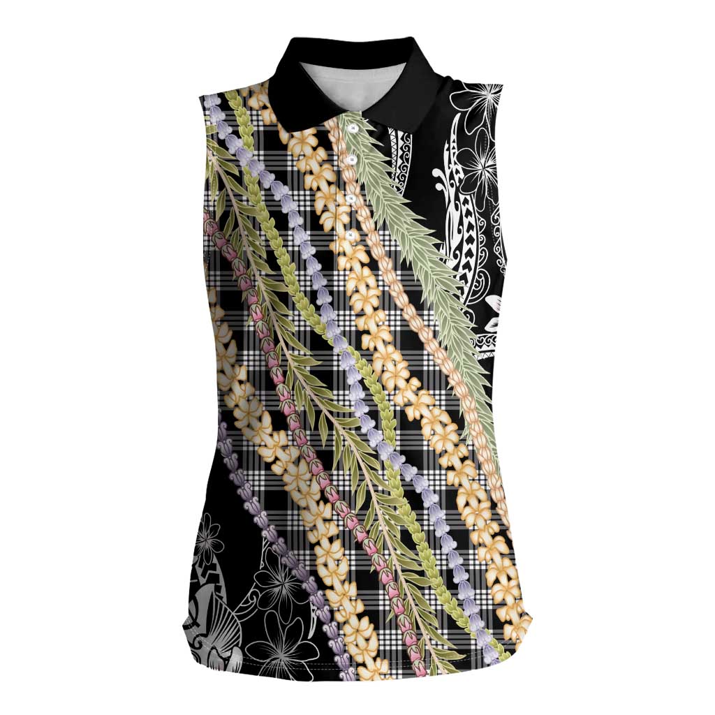 Black Palaka Hawaii Leis Women Sleeveless Polo Shirt Hawaiian-plaid Elegant Tropical Vibes - Polynesian Pride