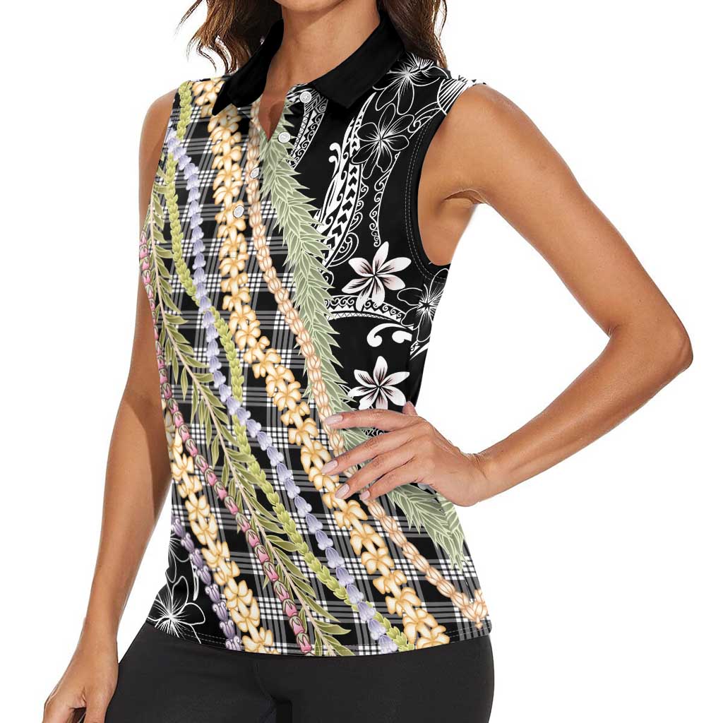 Black Palaka Hawaii Leis Women Sleeveless Polo Shirt Hawaiian-plaid Elegant Tropical Vibes - Polynesian Pride