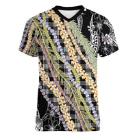 Black Palaka Hawaii Leis Women V-Neck T-Shirt Hawaiian-plaid Elegant Tropical Vibes - Polynesian Pride