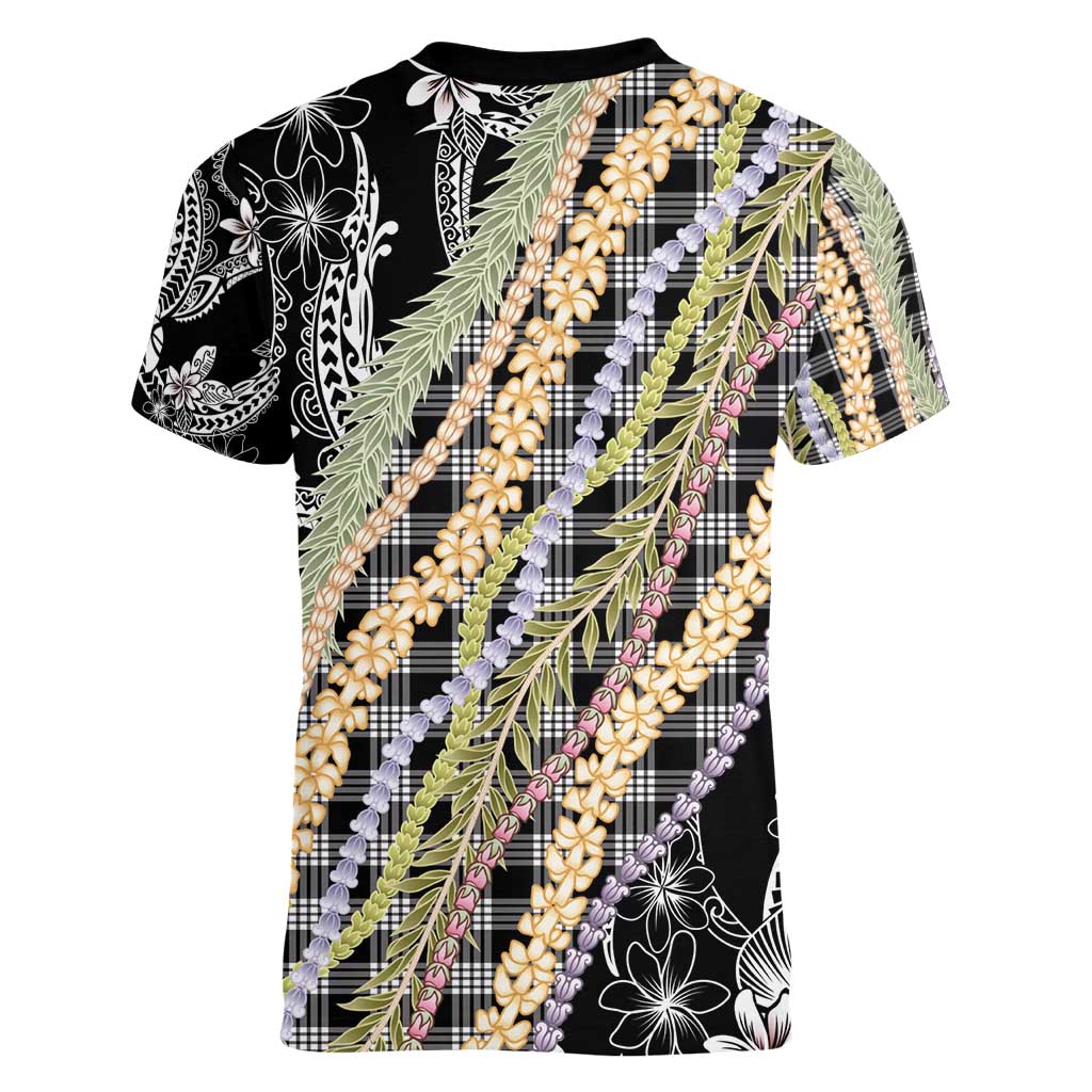 Black Palaka Hawaii Leis Women V-Neck T-Shirt Hawaiian-plaid Elegant Tropical Vibes - Polynesian Pride